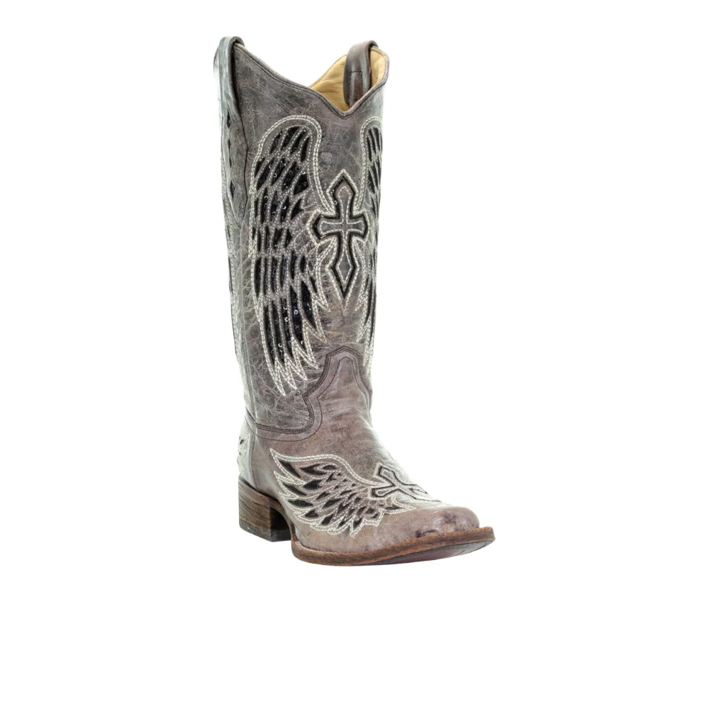 Wings Tooled Inlay Square Toe Pull On Cowboy Boots - Image 2
