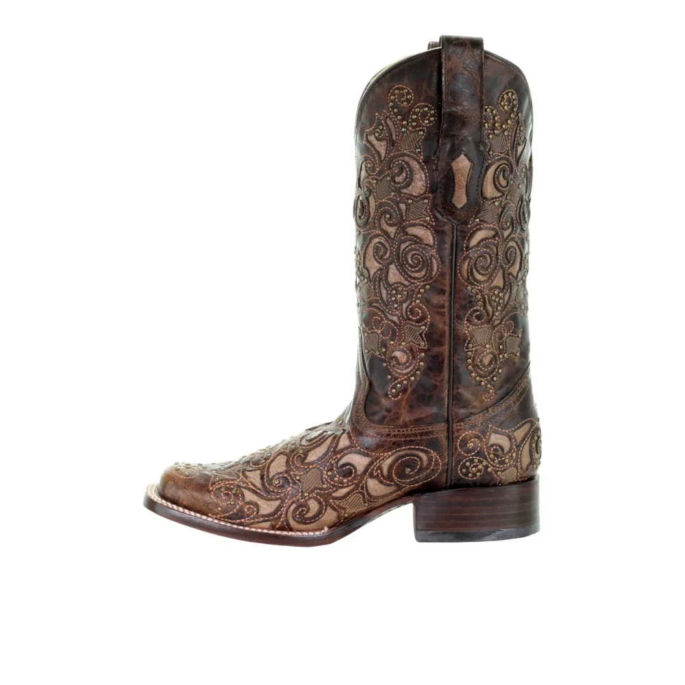 Embroidered Tooled Inlay Square Toe Pull On Cowboy Boots - Image 4