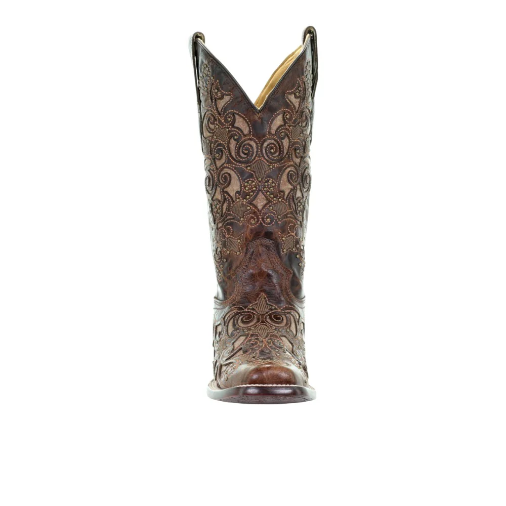 Embroidered Tooled Inlay Square Toe Pull On Cowboy Boots - Image 5