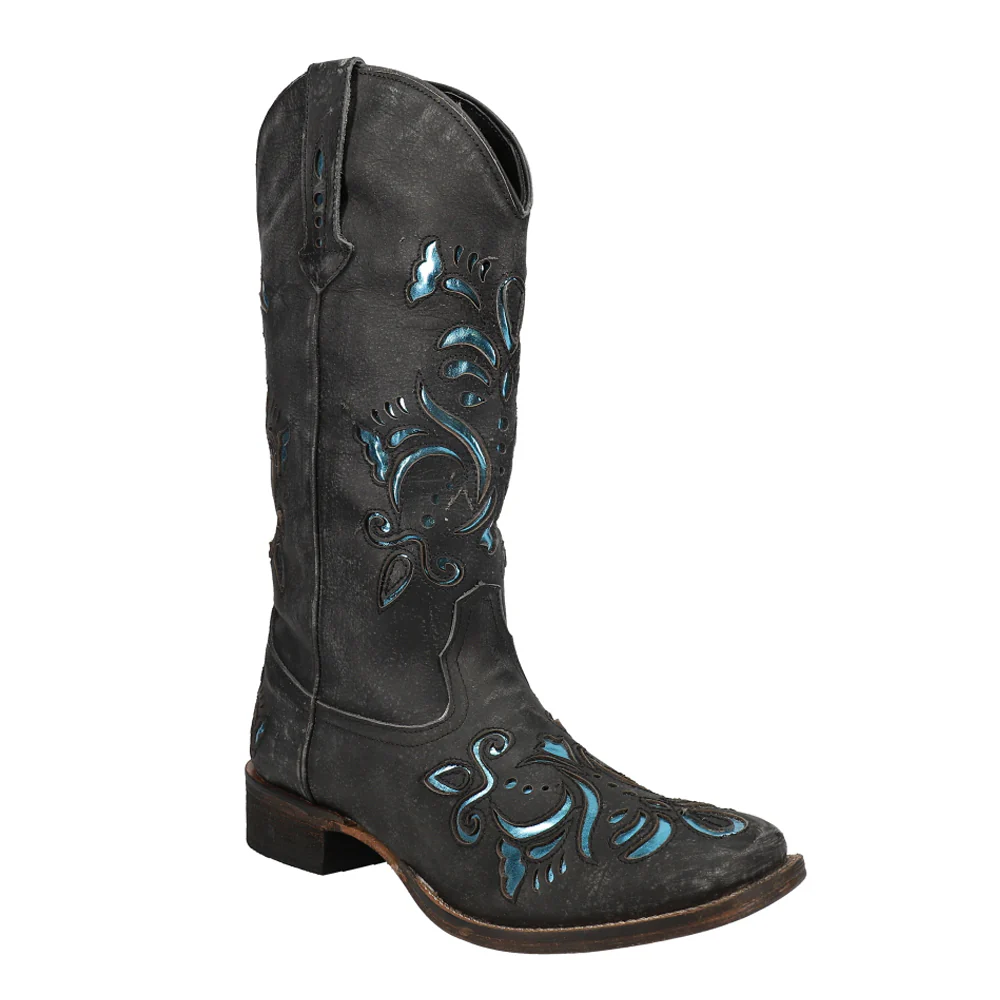 Belle Metallic Tooled Inlay Square Toe Cowboy Boots - Image 2
