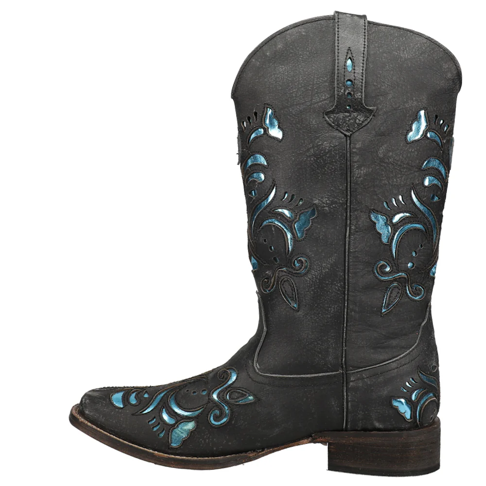 Belle Metallic Tooled Inlay Square Toe Cowboy Boots - Image 3