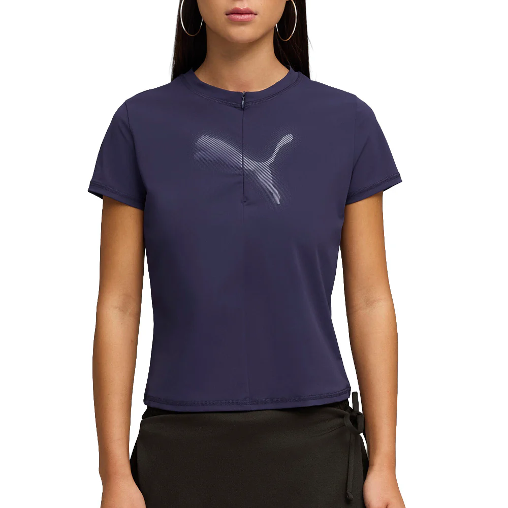 Dare To Slim Warp Knit Graphic Crew Neck Half Zip T-Shirt - Image 3