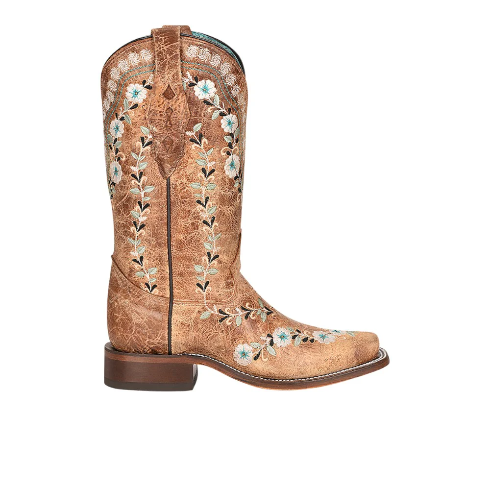 Distressed Glow In The Dark Floral Embroidered Square Toe Pull On Cowboy Boots