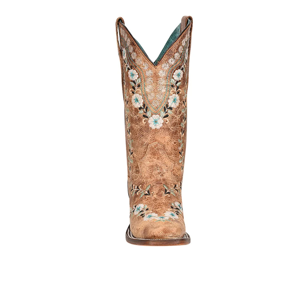 Distressed Glow In The Dark Floral Embroidered Square Toe Pull On Cowboy Boots - Image 3