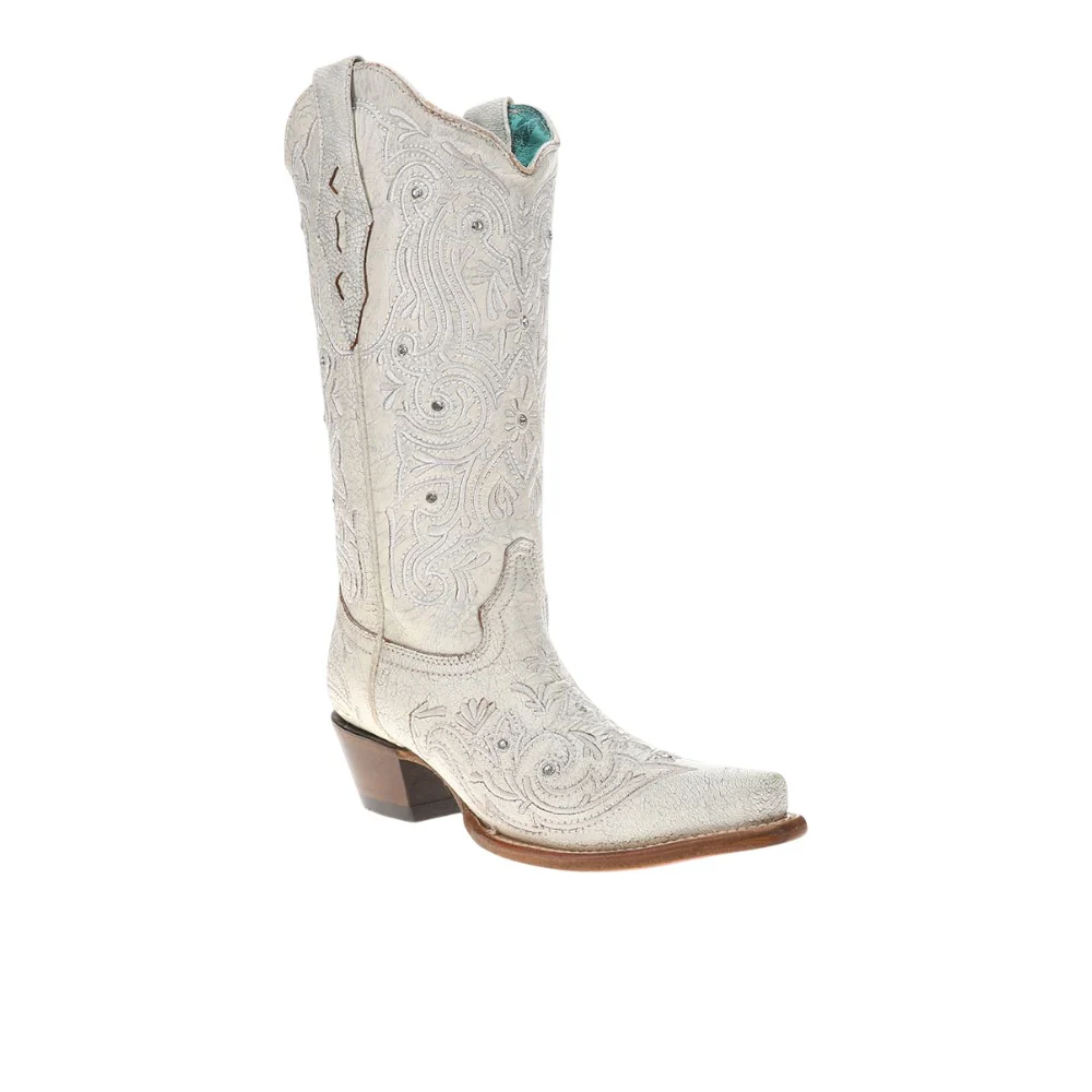 Embroidery And Crystals Snip Toe Bone Cowboy Boots - Image 2