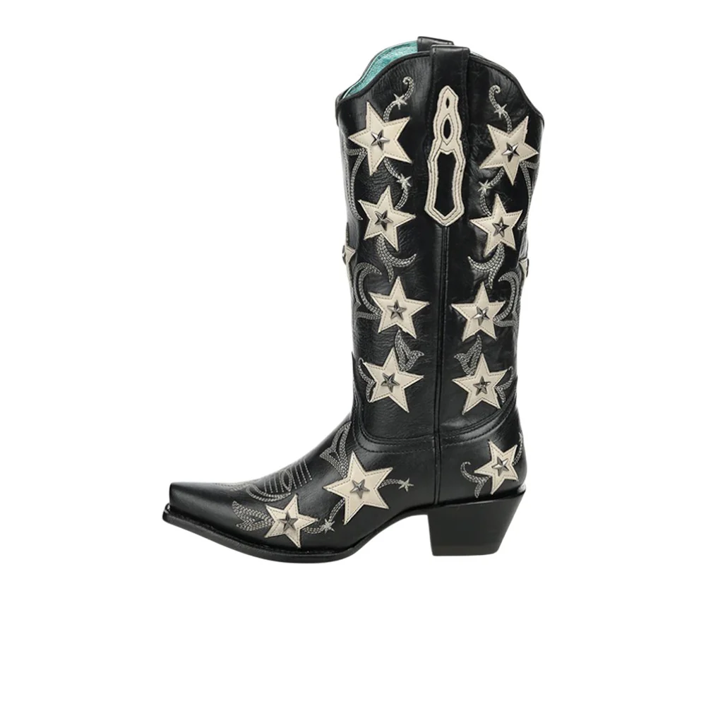 Embroidered Stars Overlay Studs Snip Toe Pull On Cowboy Boots - Image 3