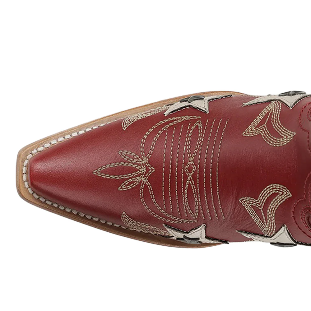 Embroidered Stars Overlay Studs Snip Toe Pull On Cowboy Boots - Image 4