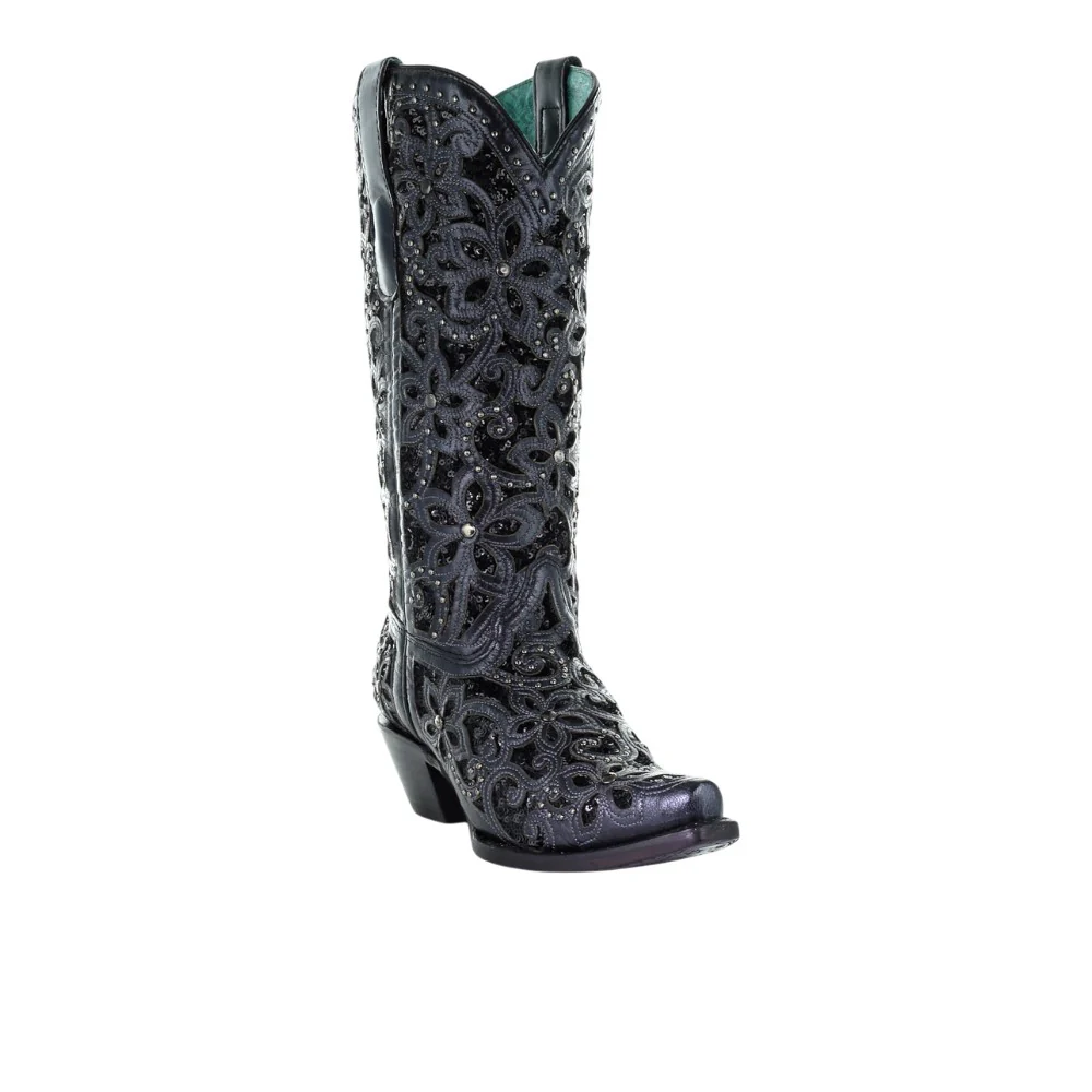Floral Studded Rhinestones Sequins Tooled-Inlay Snip Toe Pull On Cowboy Boots - Image 2