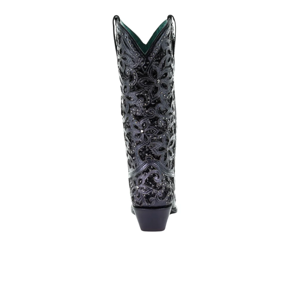 Floral Studded Rhinestones Sequins Tooled-Inlay Snip Toe Pull On Cowboy Boots - Image 3