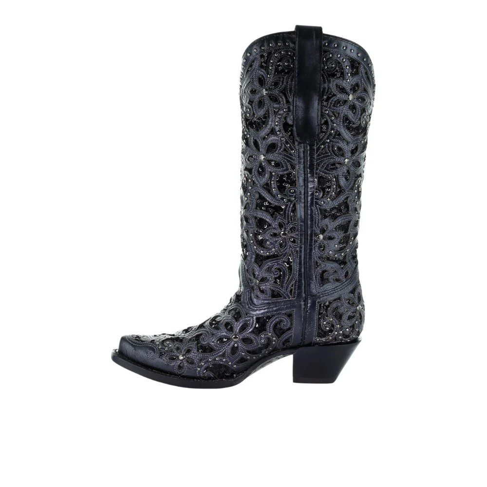 Floral Studded Rhinestones Sequins Tooled-Inlay Snip Toe Pull On Cowboy Boots - Image 4