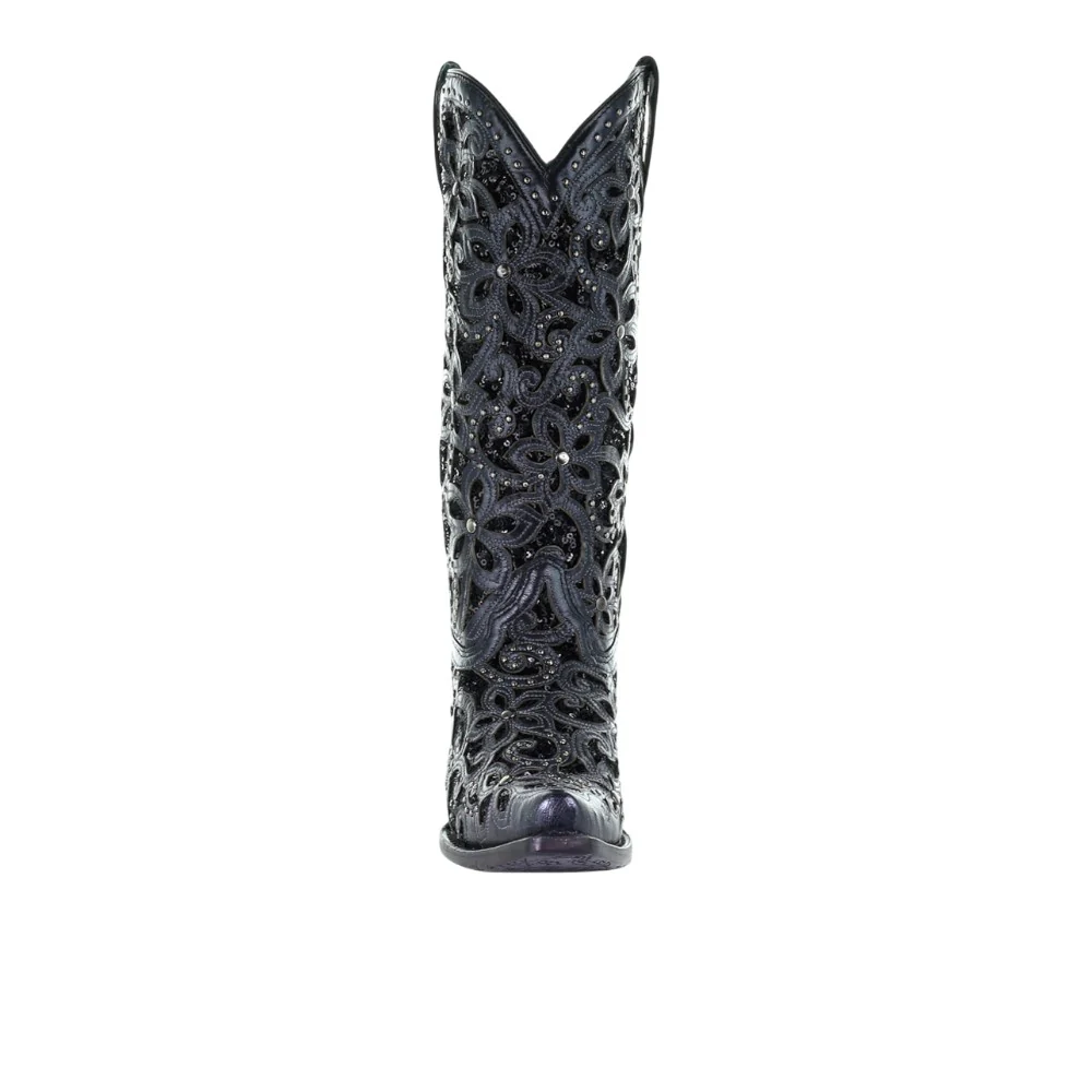 Floral Studded Rhinestones Sequins Tooled-Inlay Snip Toe Pull On Cowboy Boots - Image 5