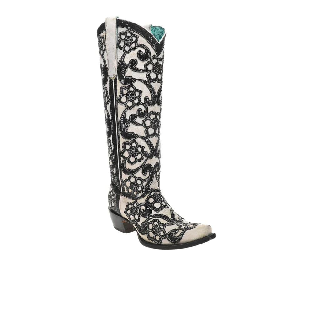 Floral Sequin Overlay Embroidered Tall Snip Toe Cowboy Boots - Image 2