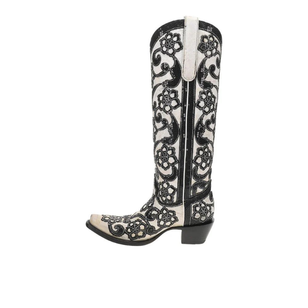 Floral Sequin Overlay Embroidered Tall Snip Toe Cowboy Boots - Image 3