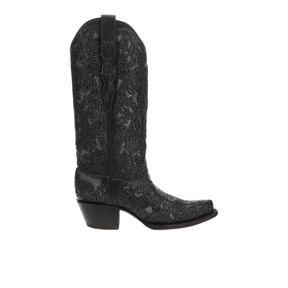 Glitter Tooled Inlay Snip Toe Pull On Cowboy Boots