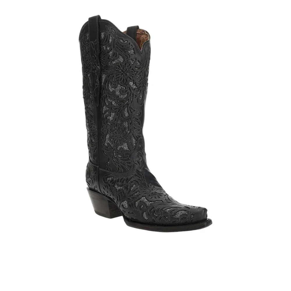 Glitter Tooled Inlay Snip Toe Pull On Cowboy Boots - Image 2