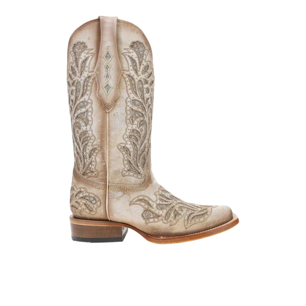 Glitter Inlay Embroidered Square Toe Cowboy Boots