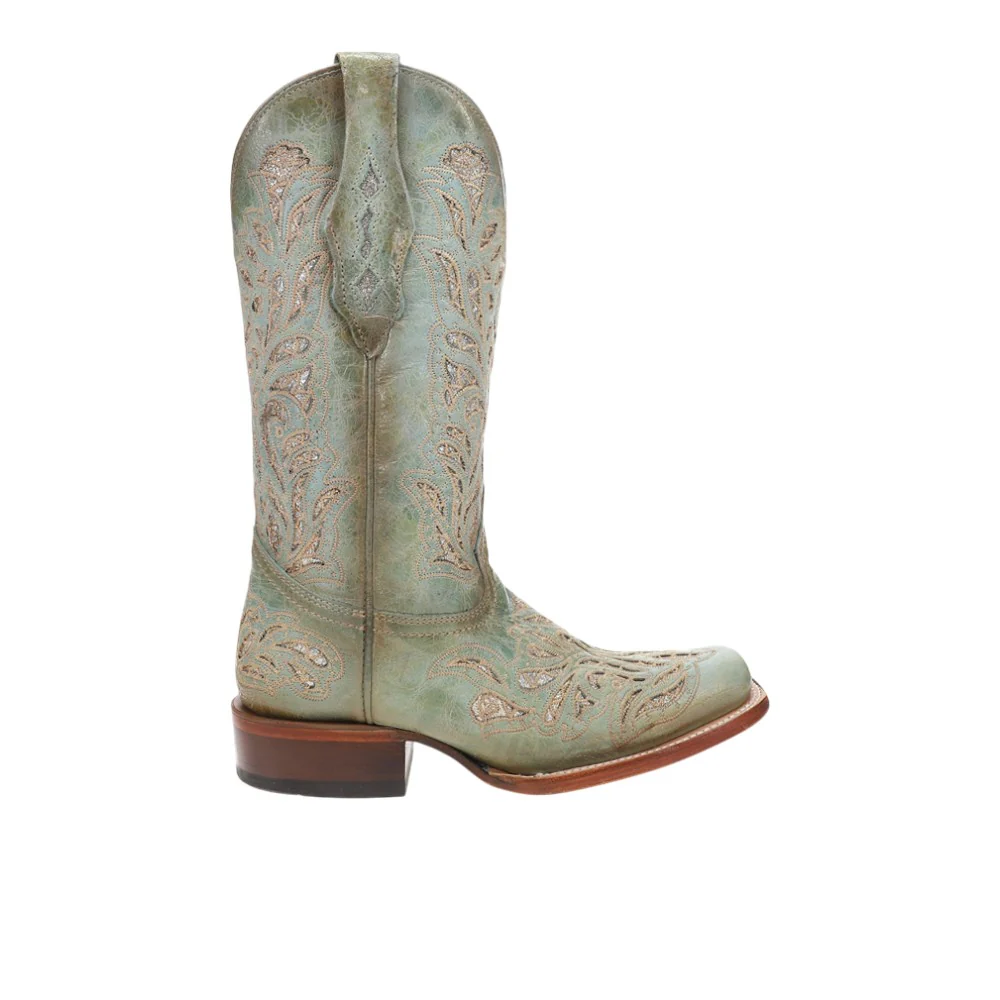Glitter Inlay Embroidered Square Toe Cowboy Boots