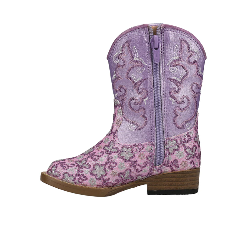 Lavender Glitter Floral Square Toe Cowboy Boots (Toddler) - Image 3
