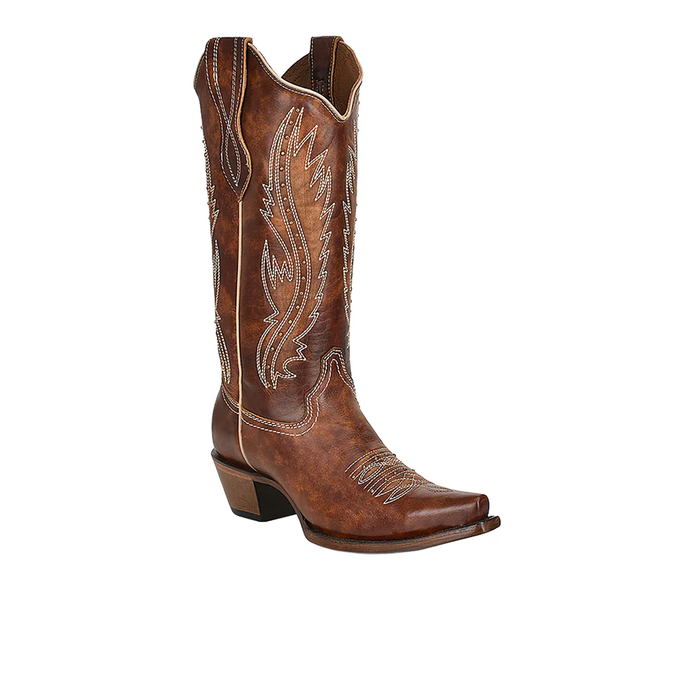 Tan Embroidered Studded Snip Toe Pull On Cowboy Boots - Image 2