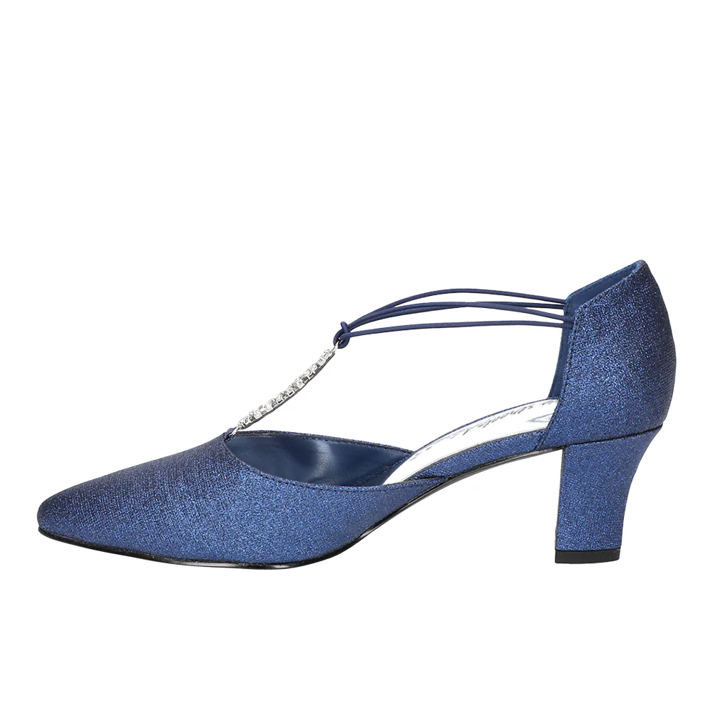 Moonlight Metallic Rhinestone Pointed Toe T Strap Pumps - Image 3