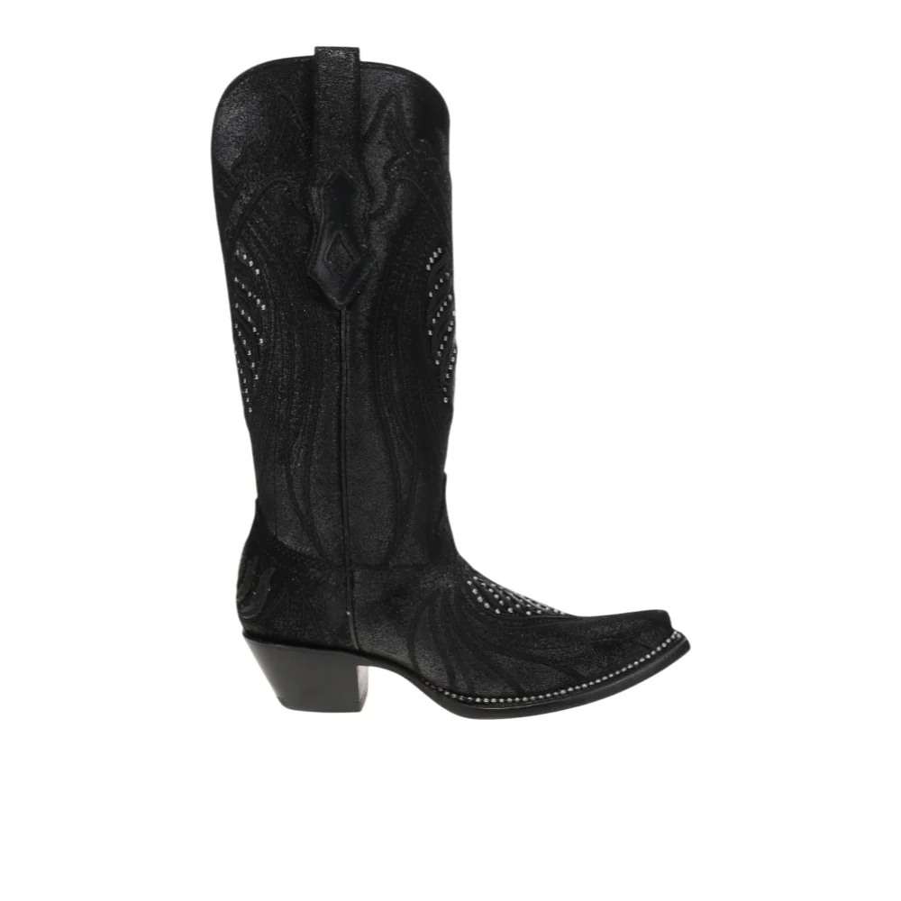 Overlay Embroidered Studded Snip Toe Cowboy Boots