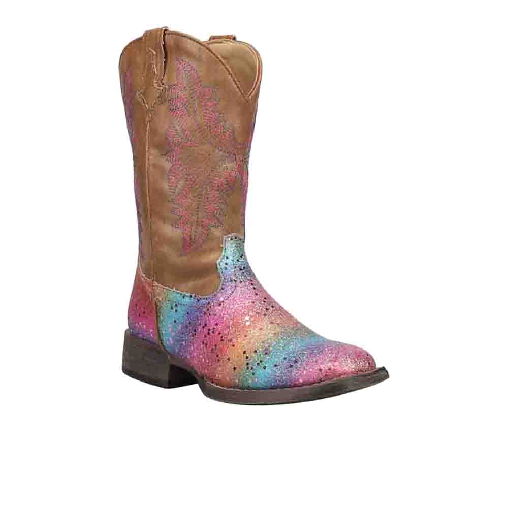 Rainbow Glitter Square Toe Cowboy Boots (Little Kid) - Image 2