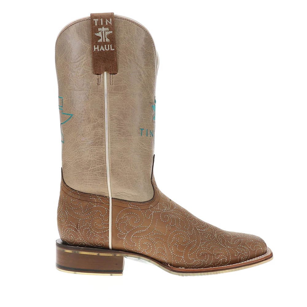 Scrollwork Floral Embroidered Square Toe Pull On Cowboy Boots
