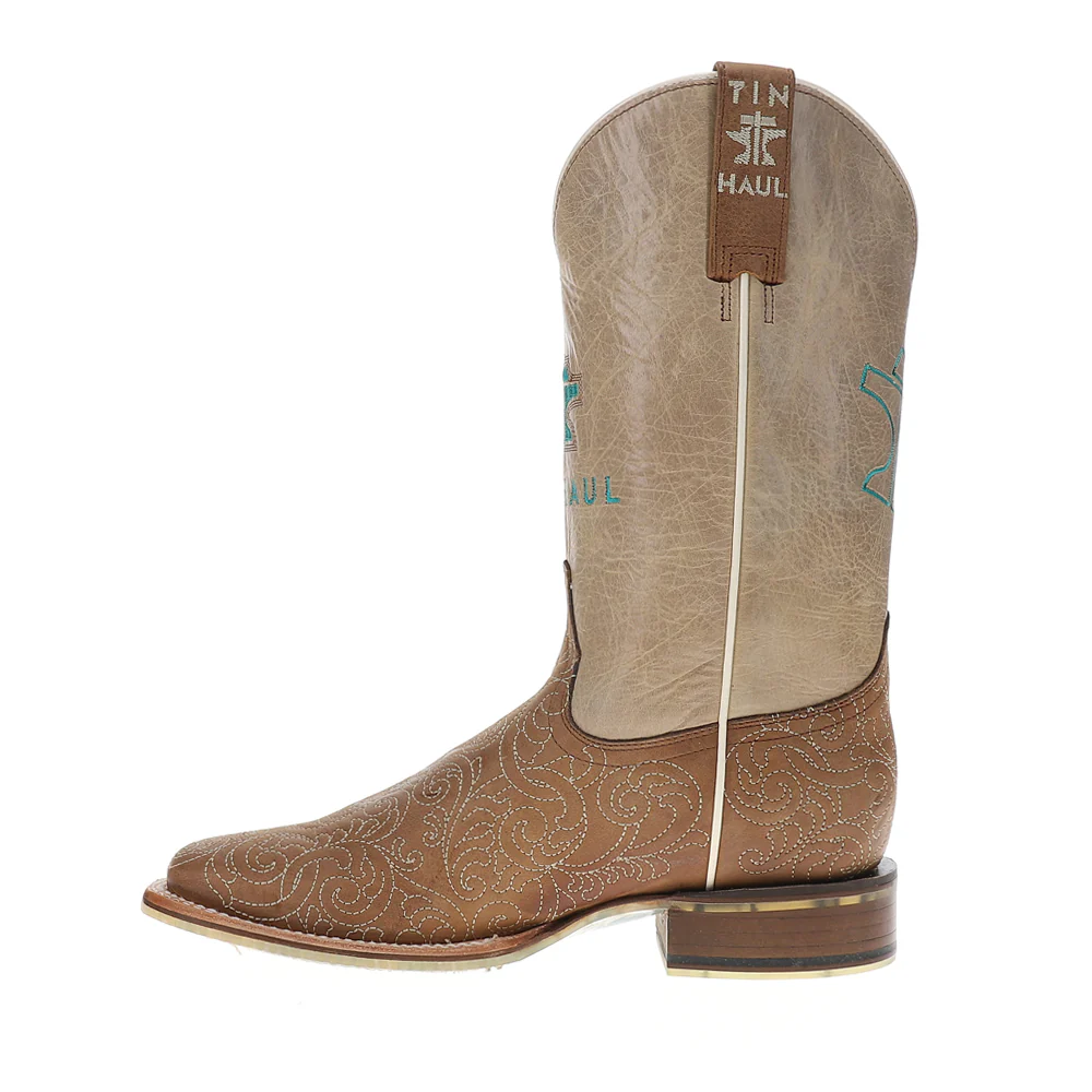 Scrollwork Floral Embroidered Square Toe Pull On Cowboy Boots - Image 3