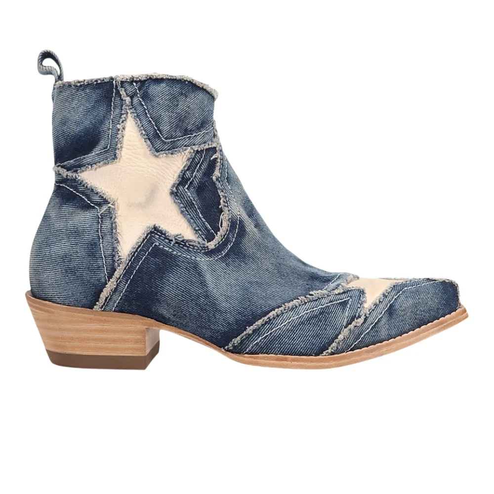 Stardust Denim Overlay Zippered Snip Toe Cowboy Booties