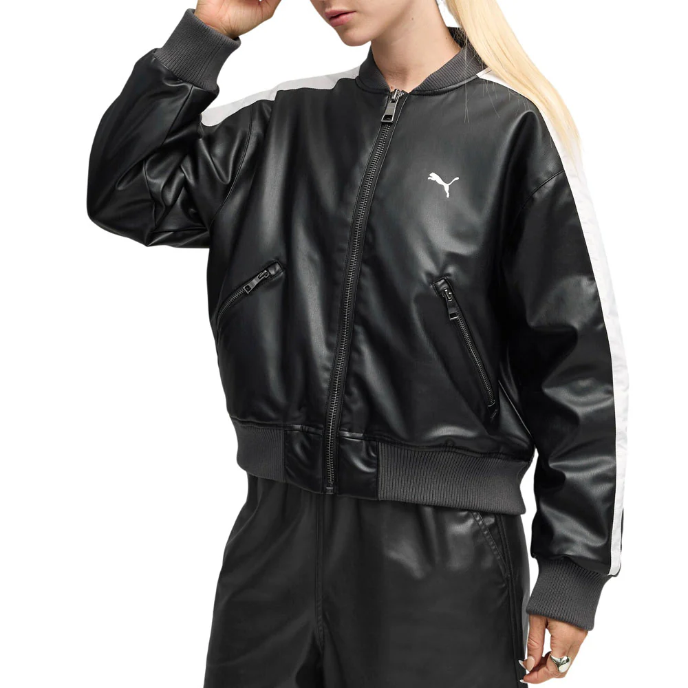 T7 Pleather Bomber Full Zip Jacket - Image 3