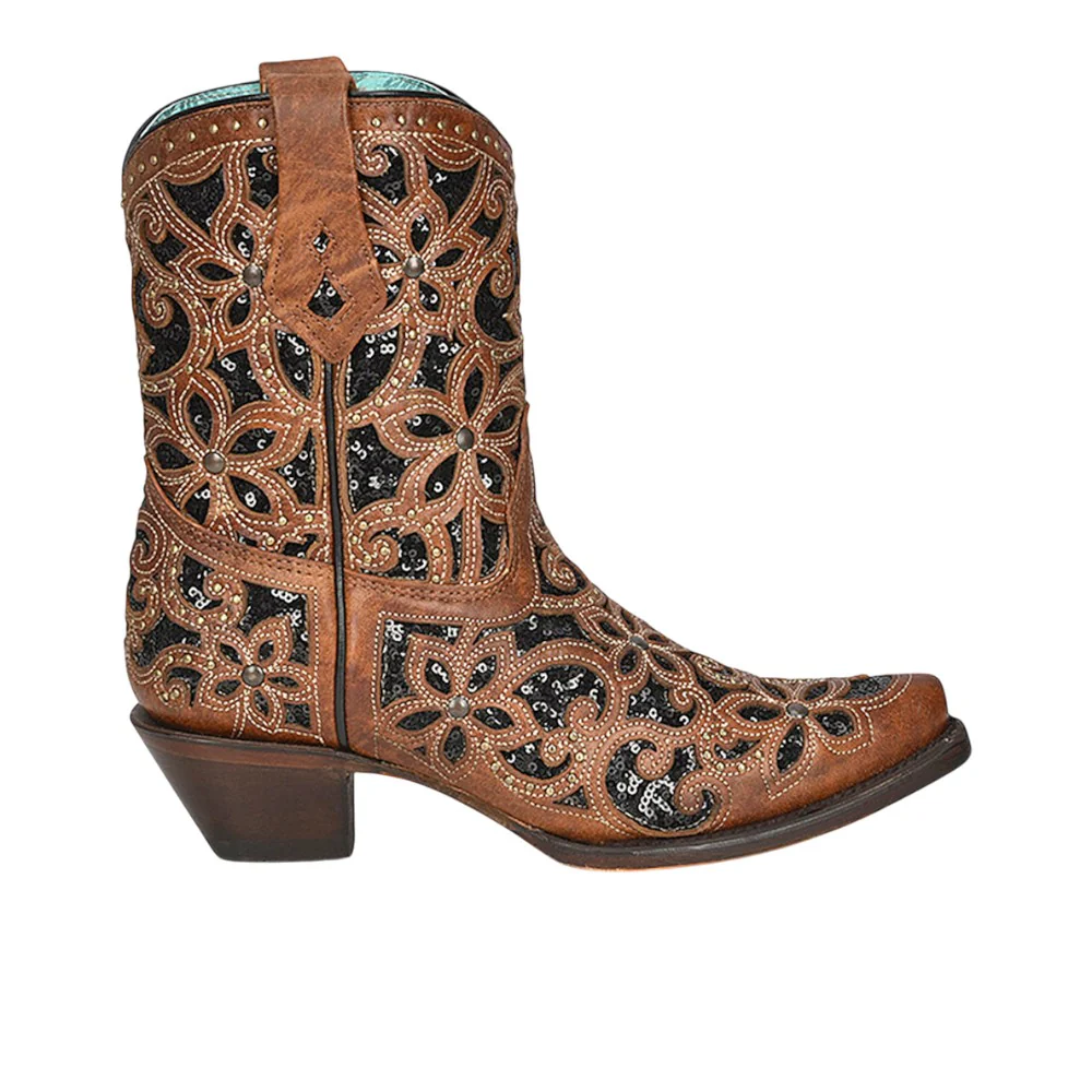 Tan Glitter Inlay Studded Snip Toe Cowboy Booties