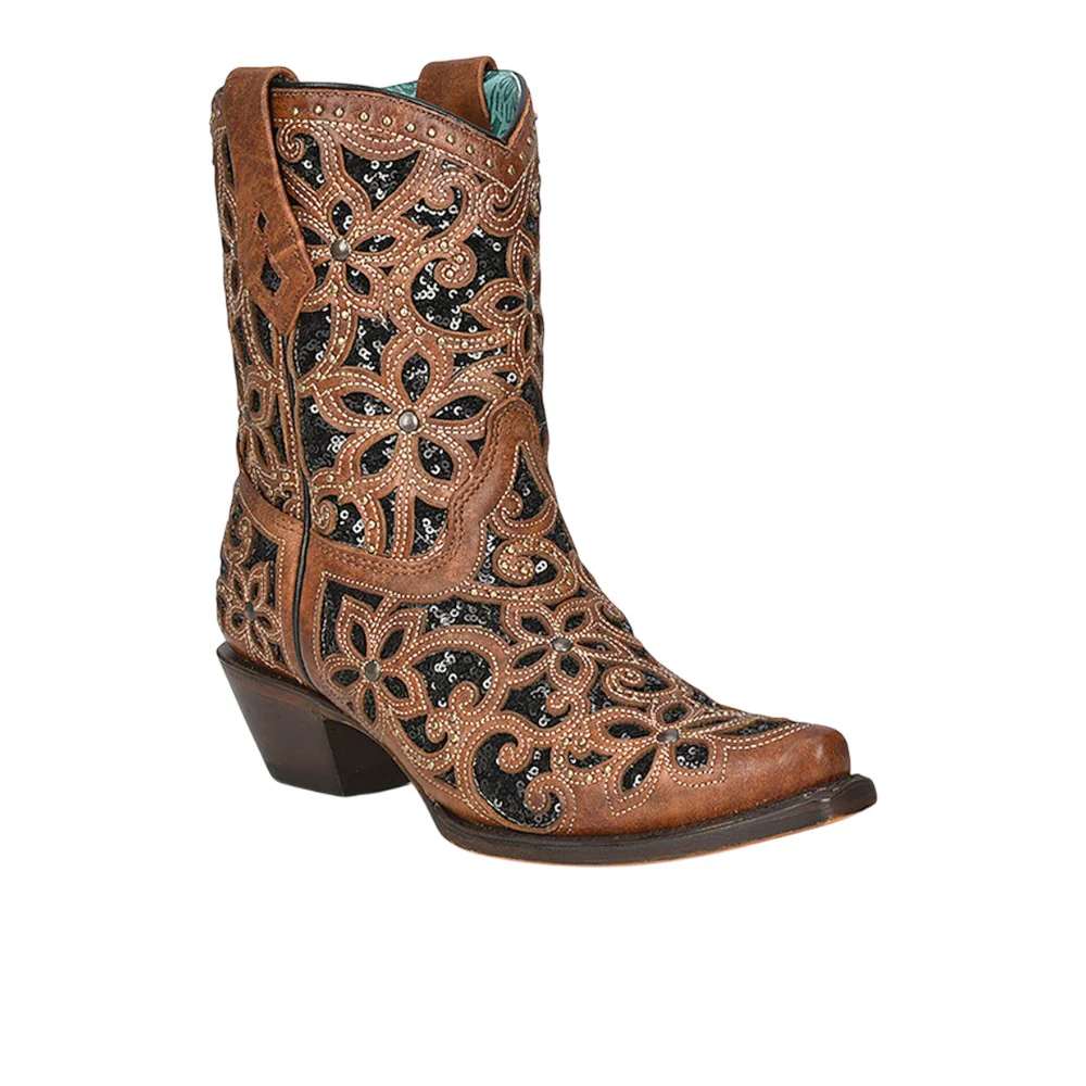 Tan Glitter Inlay Studded Snip Toe Cowboy Booties - Image 2